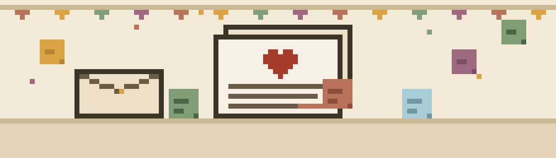 Pixel art of a big greeting card with a heart, an envelope beside it, and colourful sticky notes scattered around under a string of bunting