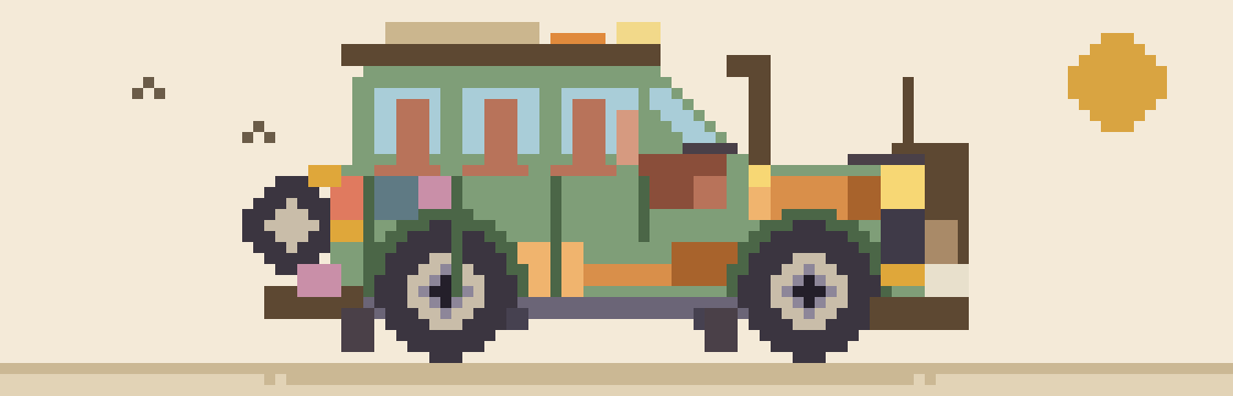 Pixel art cutaway of a fully built Toyota Prado with rooftop tent, snorkel and bull bar