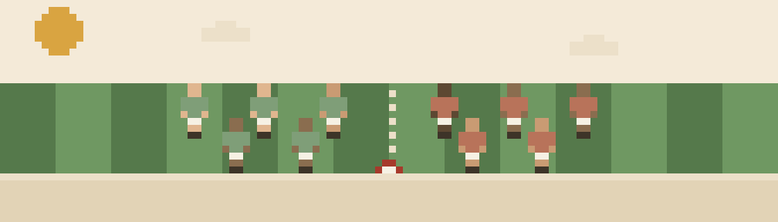 Pixel art of two little teams in sage and terracotta jerseys facing off across the halfway line on grass